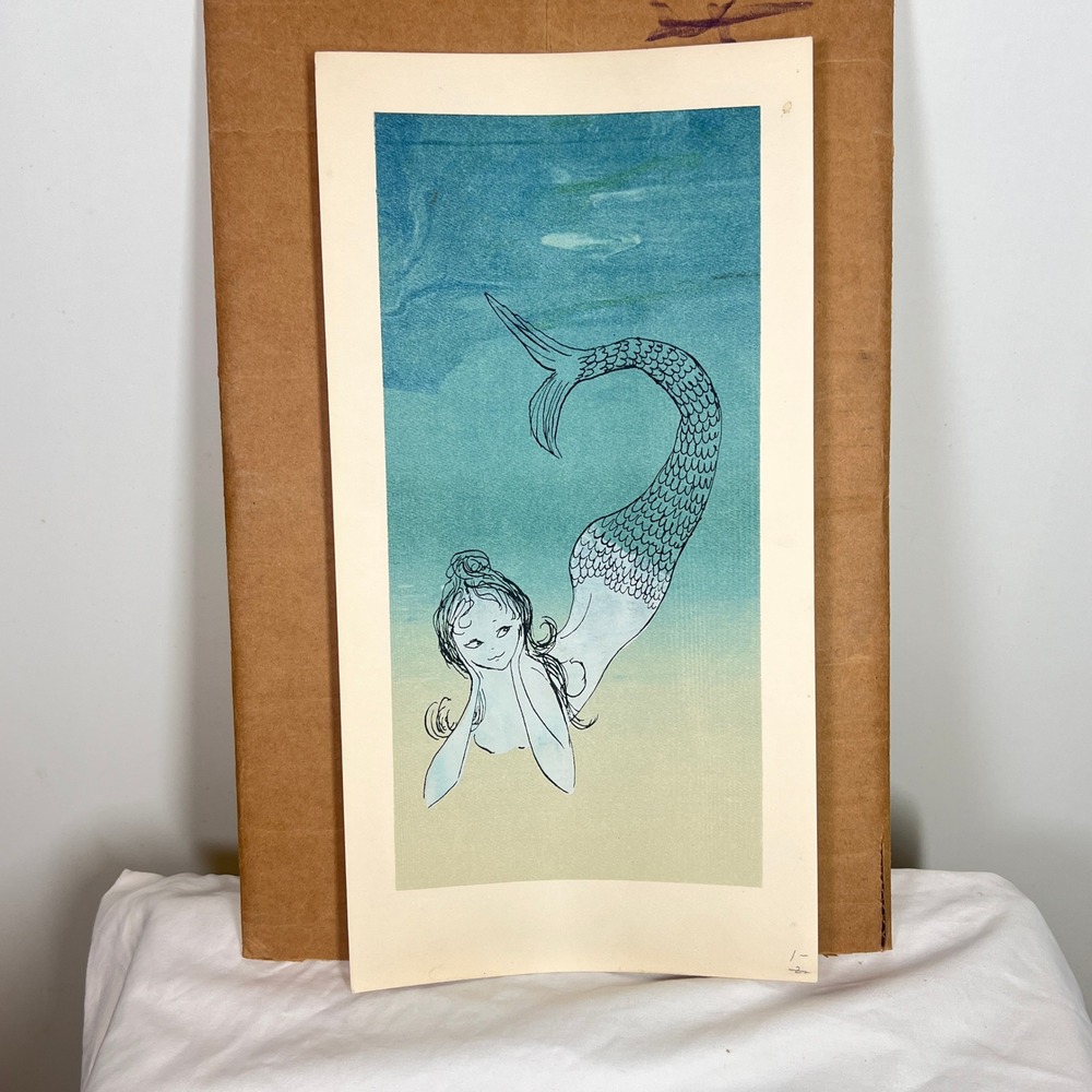 Mermaid Woodblock Print Mermaid‎ Art Unsigned 17"x8" - Picture 10 of 10